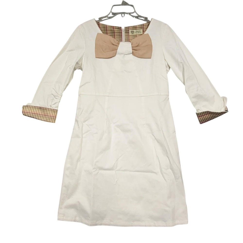 Tatum & Olivia Dress Womens 8 White Bow Boat Neck 3/4 Sleeve Sheath Knee Length